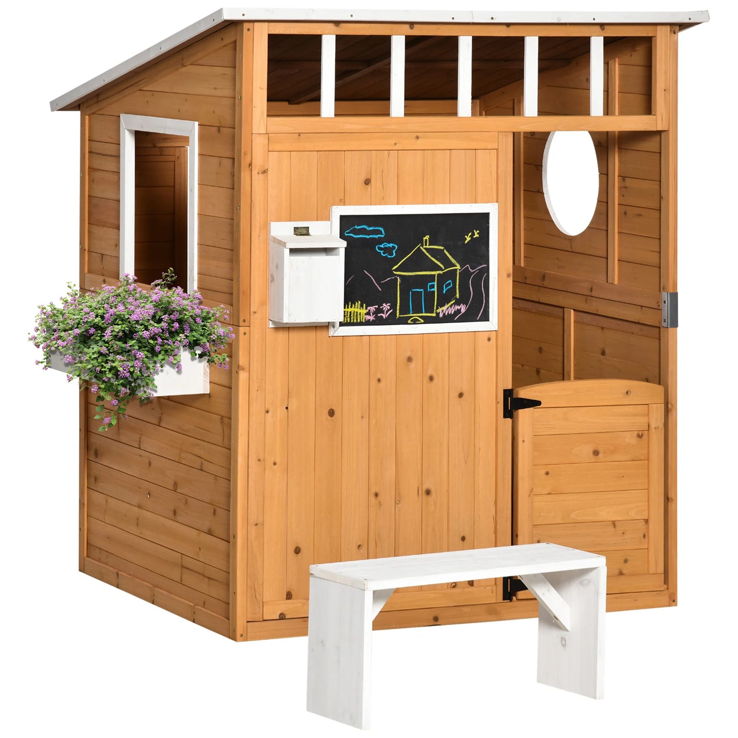 Outsunny Wooden Kids Playhouse with Working Door Windows and Mailbox