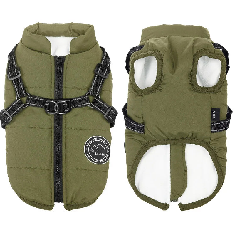 Guangdong Winter Warm Dog Jacket Waterproof Coat With Harness Fleece Lined Pet Outerwear