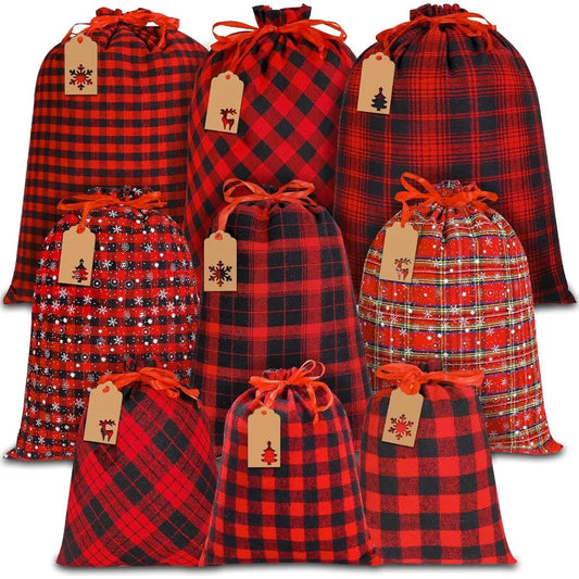 9Pcs Christmas Drawstring Bags Cotton Storage Sacks with Kraft Tags