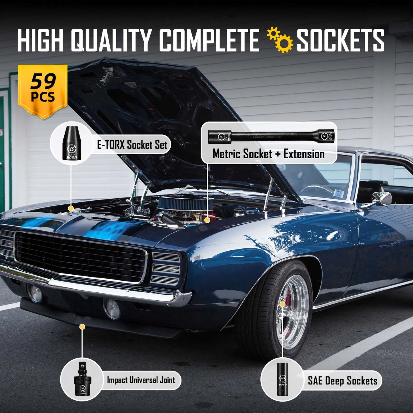 Boen 59-Piece Impact Socket Set SAE And Metric E-Torx Included