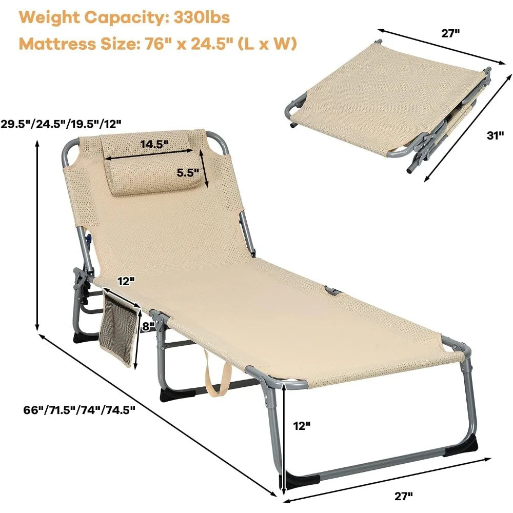 Camping Cot, 27” Lounge Chair Outdoor w/Mattress, Headrest, Side Pocket & Carry Strap, 3 in 1 Folding Layout Tanning Loung|