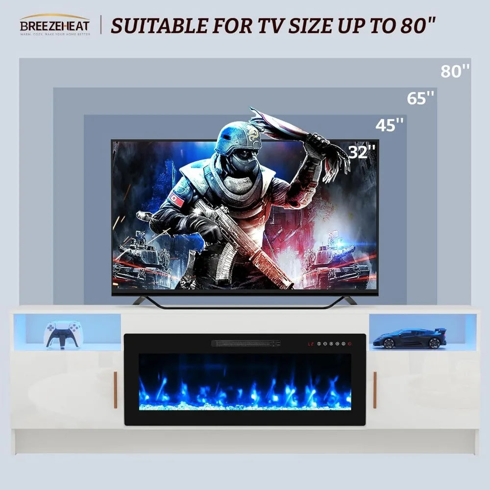 Electric Fireplace TV Stand with 36 inch Fireplace Up to 80" TVs-Led Entertainment Center with Outlet, High Glossy Doors-70 inc