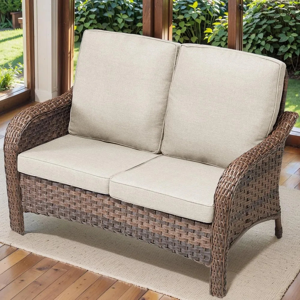Patio Loveseat, 2 Seater Wicker Small Patio Couch Sofa with Cushions, Outdoor Patio Rattan Loveseat Sofa for Sun Porch Deck Pati