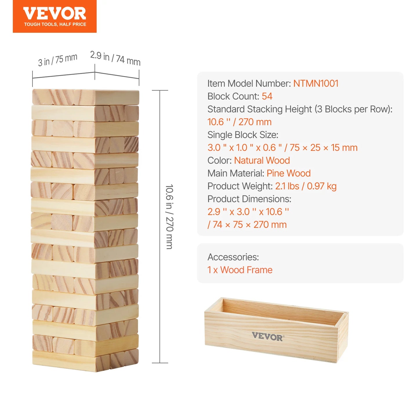 SucceBuy Tumbling Timber Toy Tumble Tower Blocks Game Pine Wood Tumbling Tower Game with Storage Crate Wooden Stacking Game