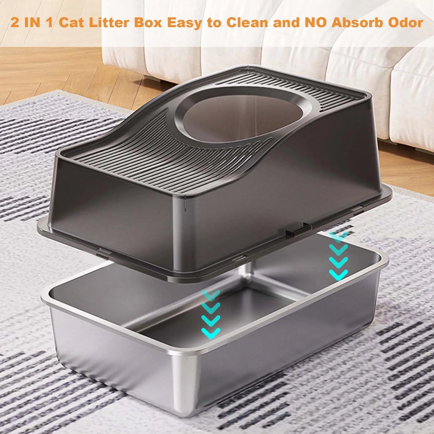 Stainless Steel Enclosed Litter Box With Cat Mat And Scoop