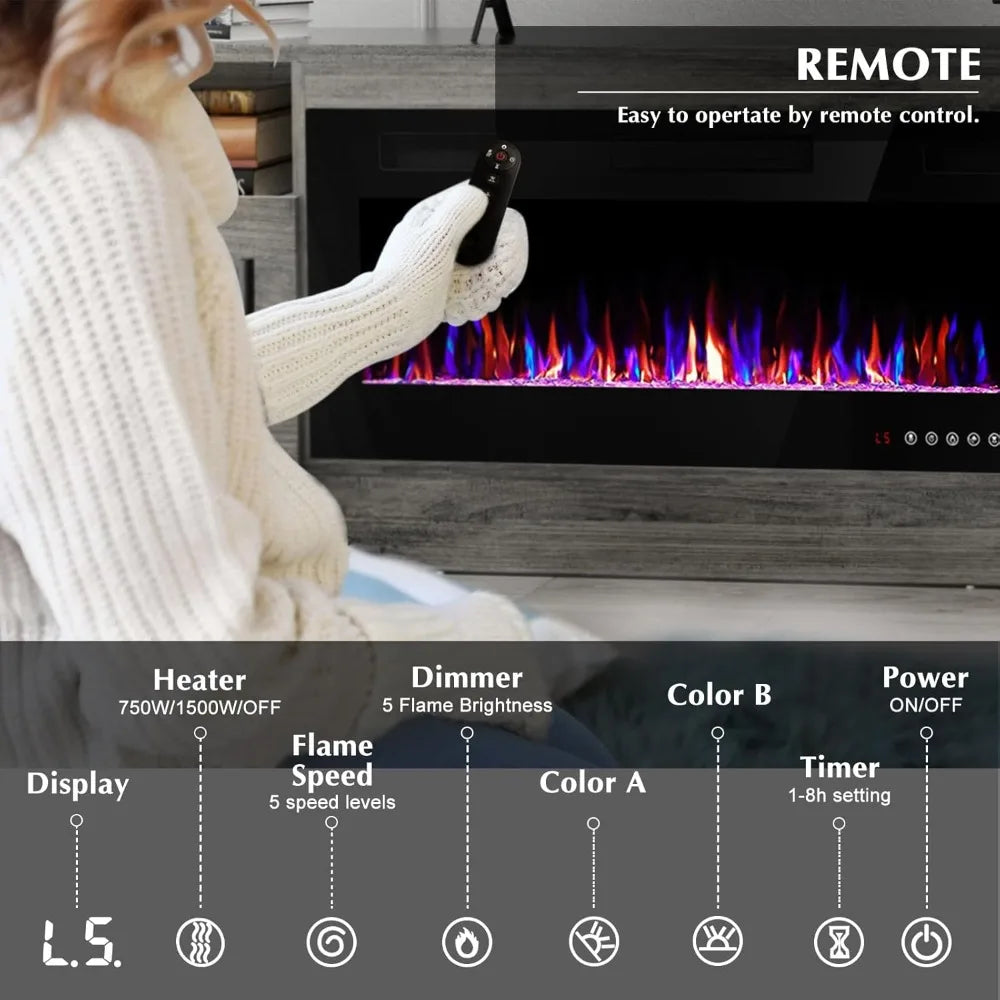 Lemberi Fireplace tv Stand with 36 inch Fireplace Up to 80" TVs,LED Light Entertainment Center and Storage, 70" Modern Wood Medi