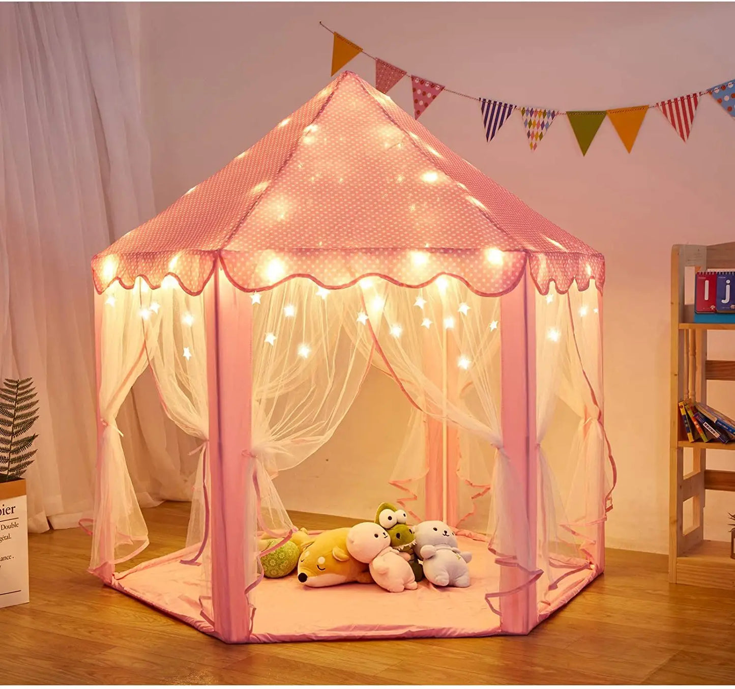 Portable Folding Princess Castle Tent with Warm LED Star Lights for Kids