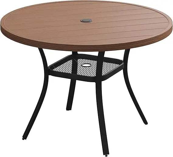 Round Patio Table with Adjustable Umbrella Hole, All Weather Outdoor Round Dining Table for Lawn Garden, 41.2"x 28" Grey Wood-L