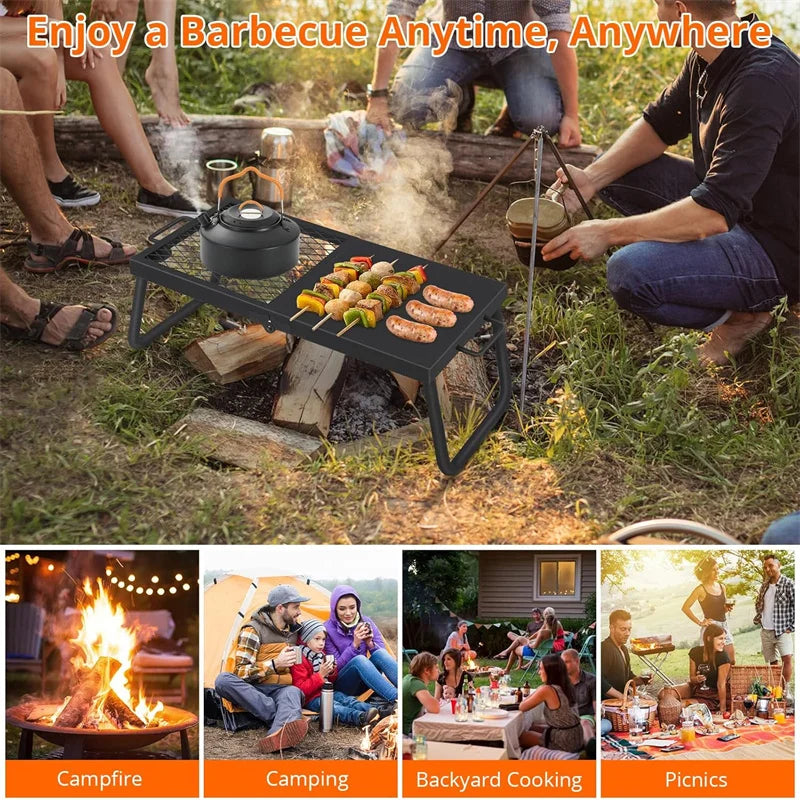 Folding Campfire Grill, Heavy Duty Steel Mesh Grate, Portable Camping Grates Over Fire Pit, Camp Fire Cooking, Grilling Rack