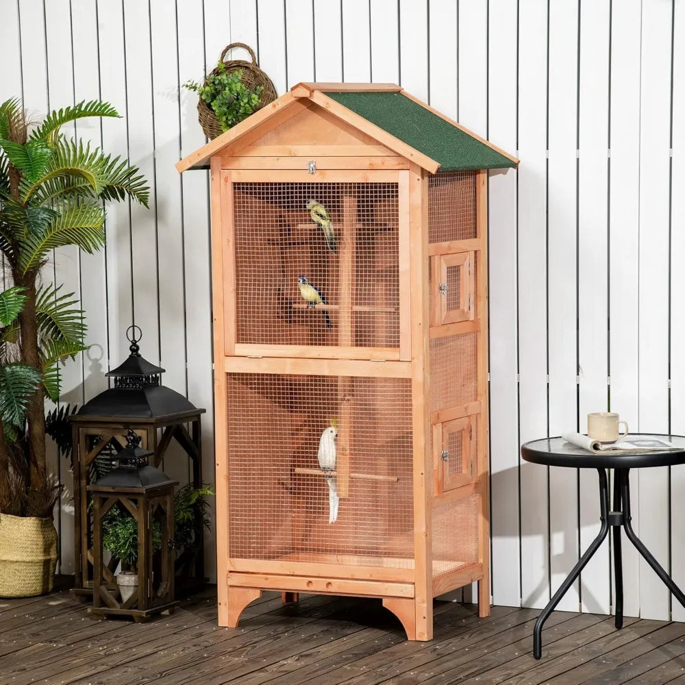 Wooden Outdoor Bird Cage For Finches And Parakeets With Removable Bottom Tray And Four Perches