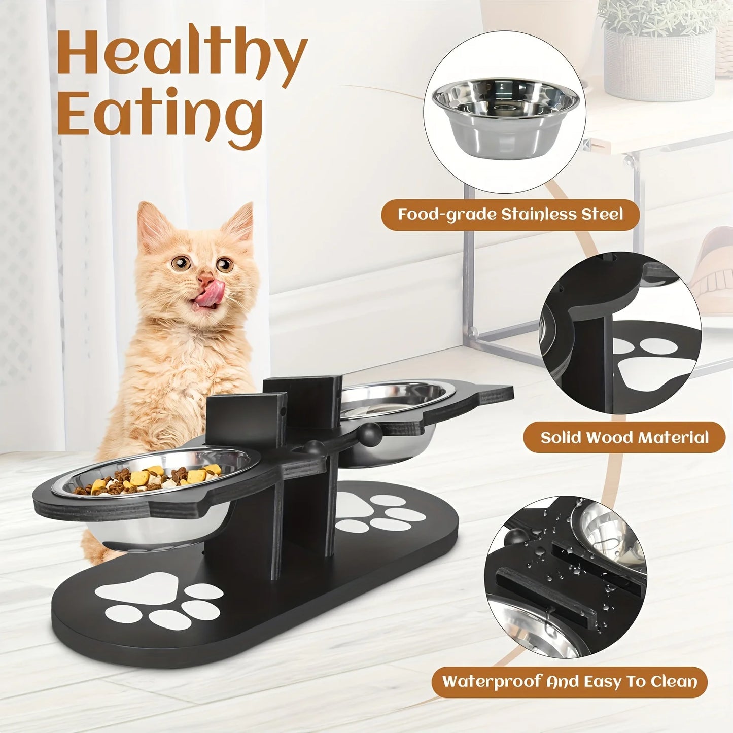 Hign-concerned Elevated Tilted Cat Bowls Set With Wooden Stand And Anti Vomiting Stainless Steel Bowls