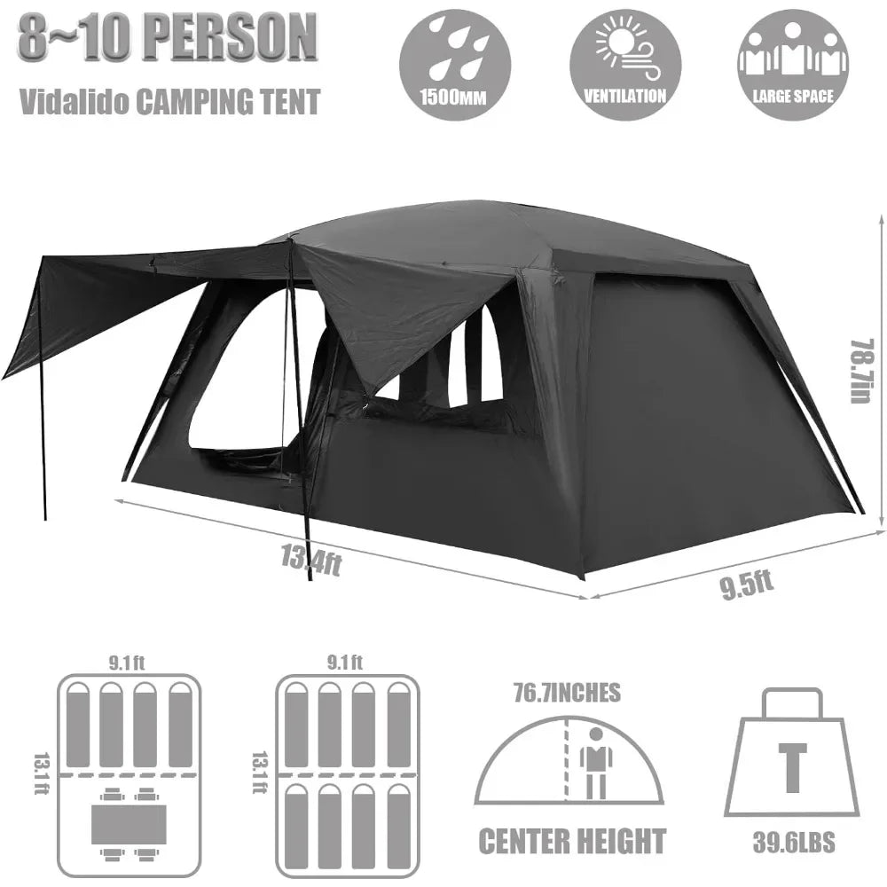 8-10 Person Camping Tent with 3 Door 2 Room Large Family Cabin Tents, Double Layer Waterproof Portable Tents, Camping Tent
