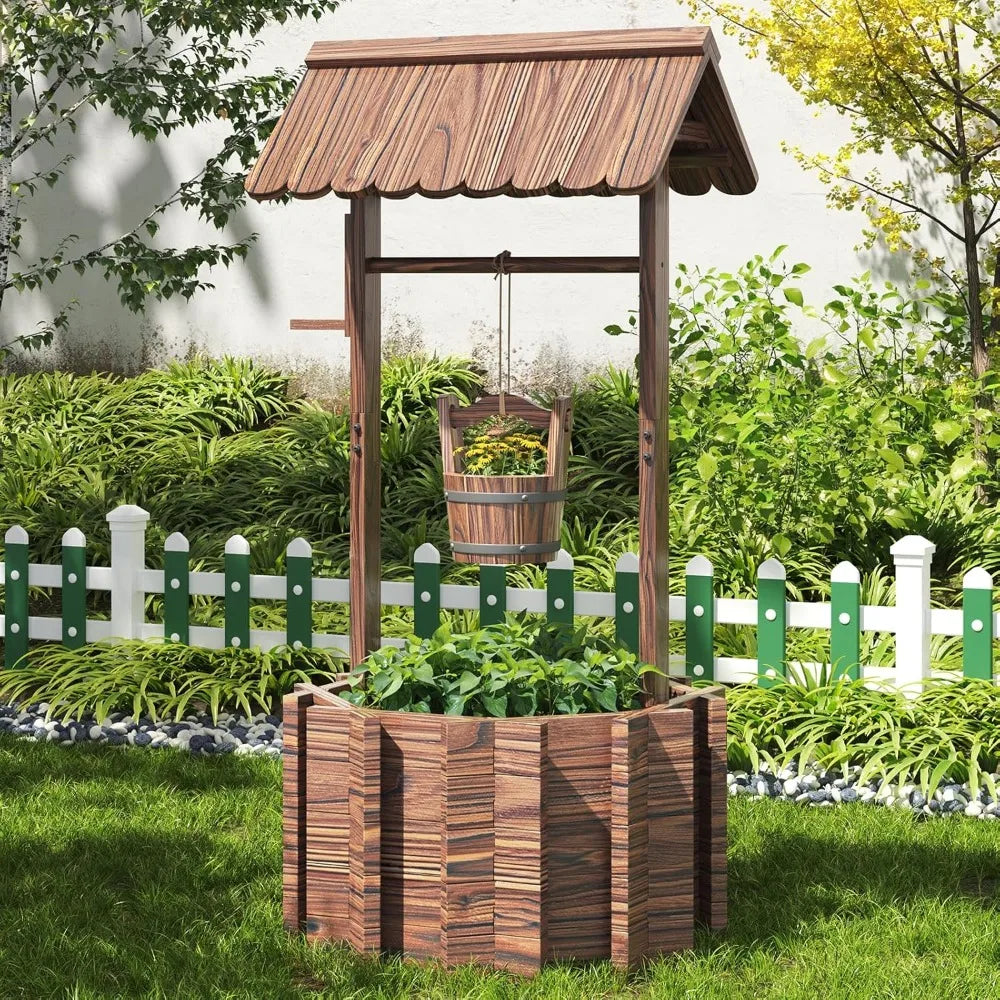 oneinmil Outdoor Wooden Wishing Well Planter with Hanging Bucket for Flower and Plants, Home Decor for Patio,Garden, Yard,25.6"