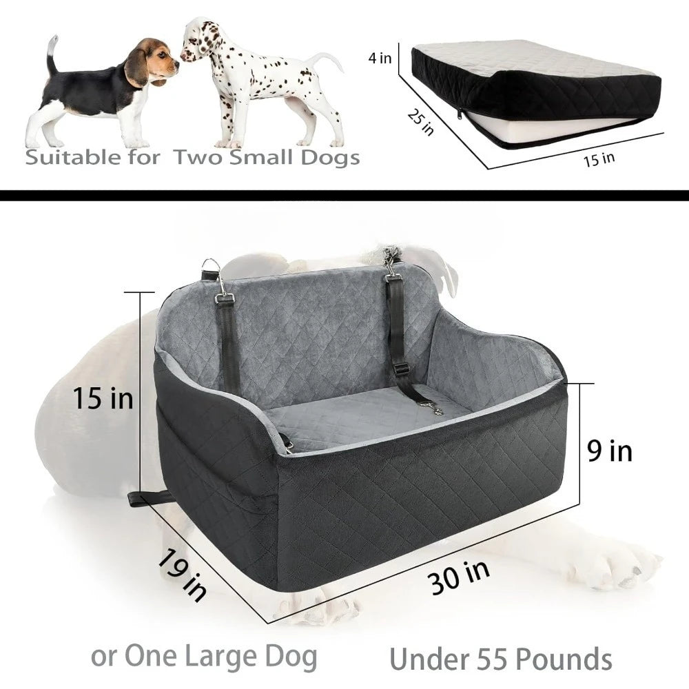 Popular-Black,Large Dog Car Seat Up to 55lb,2 Clip-On Safety Adjustable Leashs Car Dog Bed for 2 Small Dogs,Easy to Install-NEW