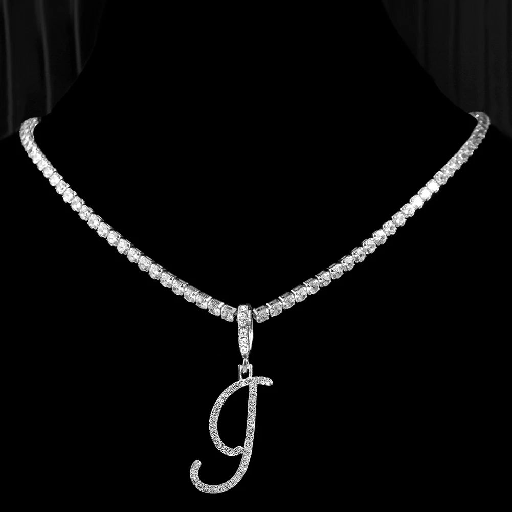 Caraquet Cursive Alphabet Name Necklace CZ Chain Pendant