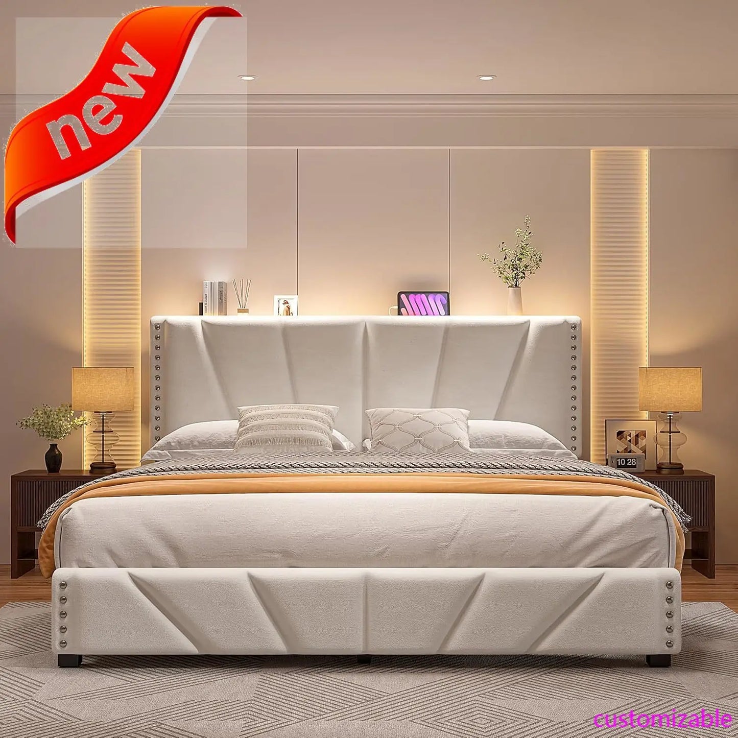 XMSJ Velvet Headboard Platform Bed With LED Lights