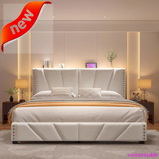 XMSJ Velvet Headboard Platform Bed With LED Lights
