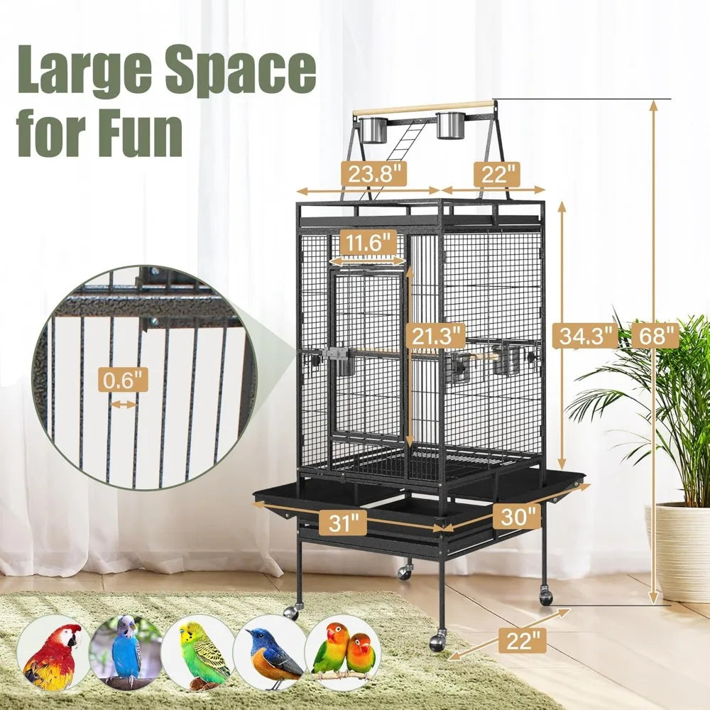 IndustrialGrade WroughtIron Parrot Cage With Rolling Stand Playtop Premium Durable