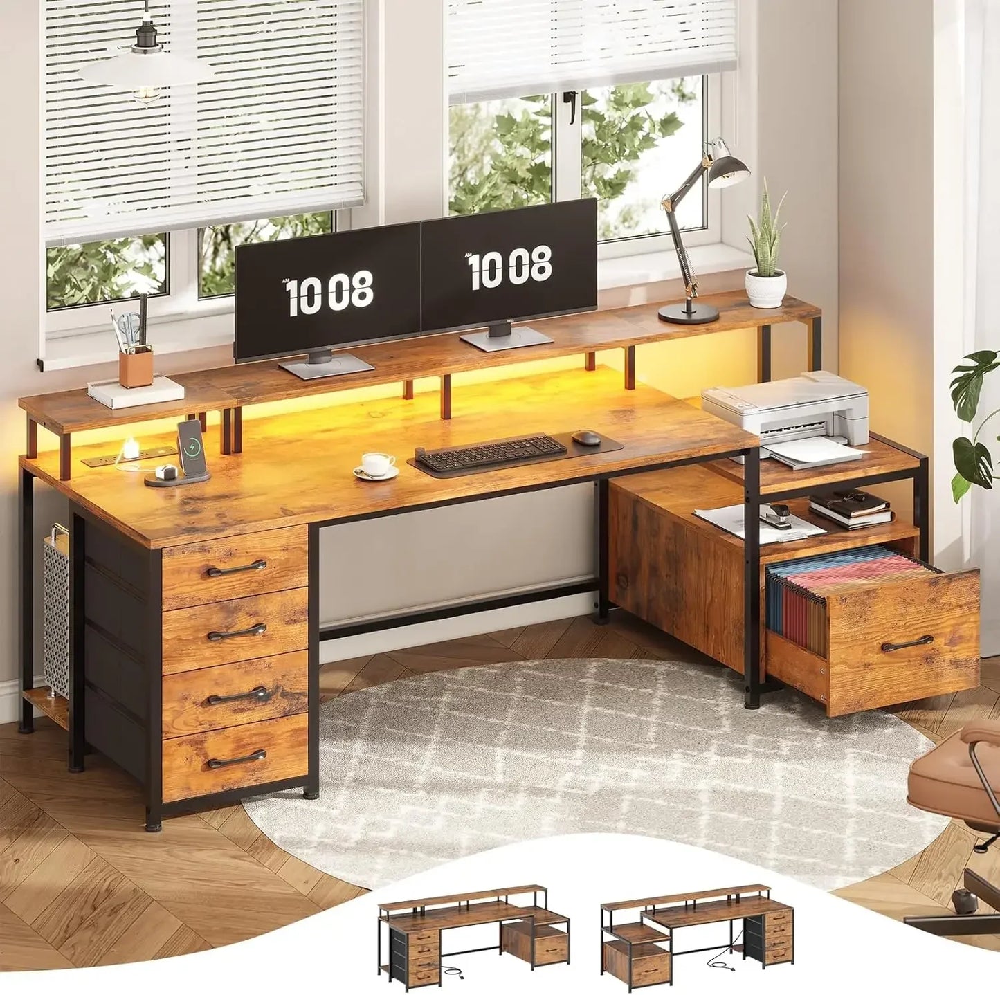 High Concerned Power Outlet Desk With File Drawer Shelves