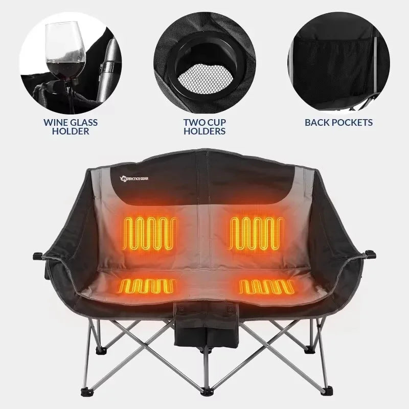 Home.Heated Double Camping Chair, 2-Person Folding Chair with 12V 16000mAh Battery Pack, Heated Portable Loveseat Chair