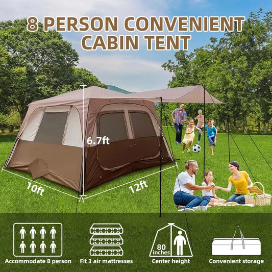 8 Person Instant Cabin Tents, Large Waterproof Tents for Camping, Family Tent Include Pre Installed Pole for Easy Installation,