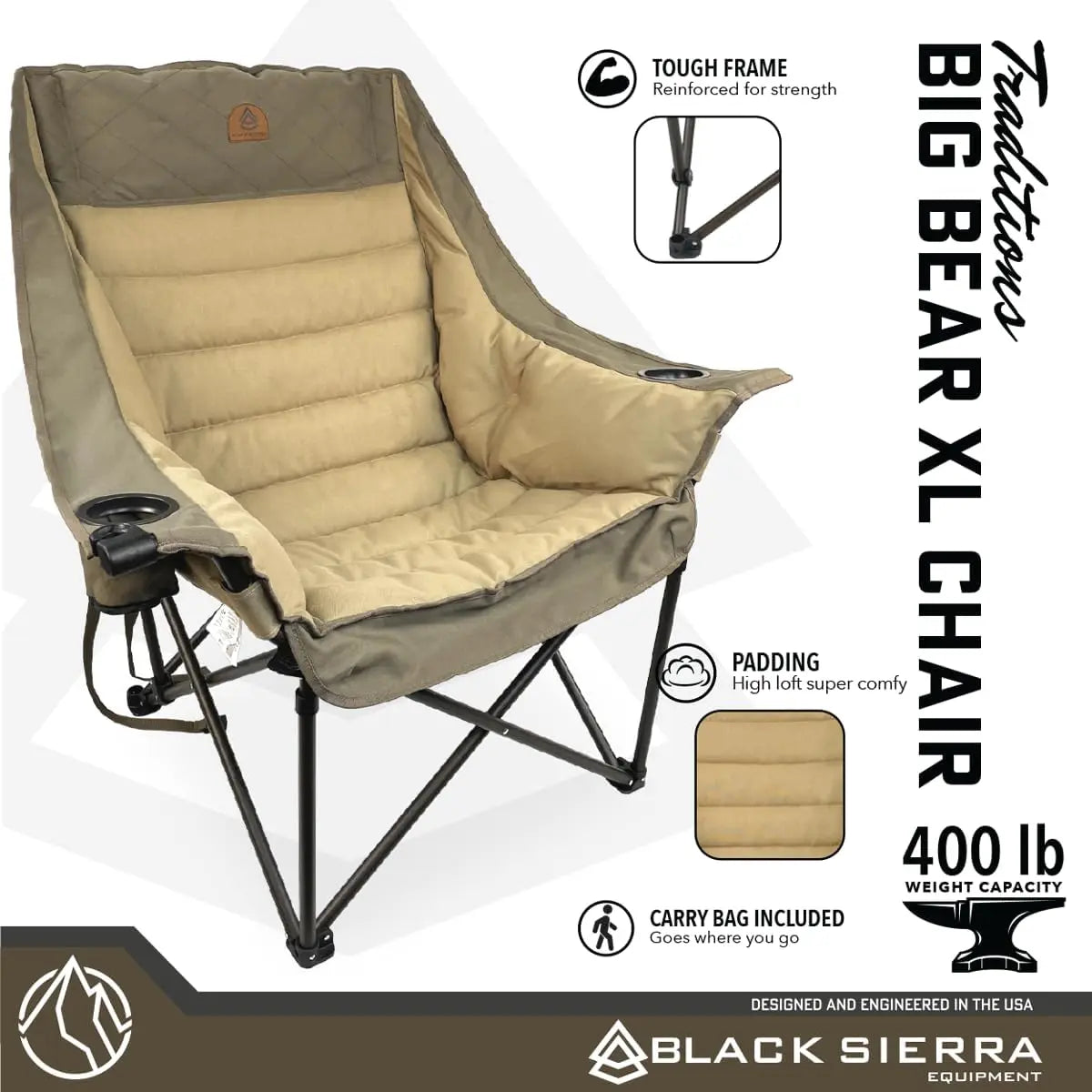 Black Sierra Deluxe Padded Camping Chair for Sports & Outdoors, Oversize XL Outdoor Folding Chair Supports 400 lbs, Heavy Duty