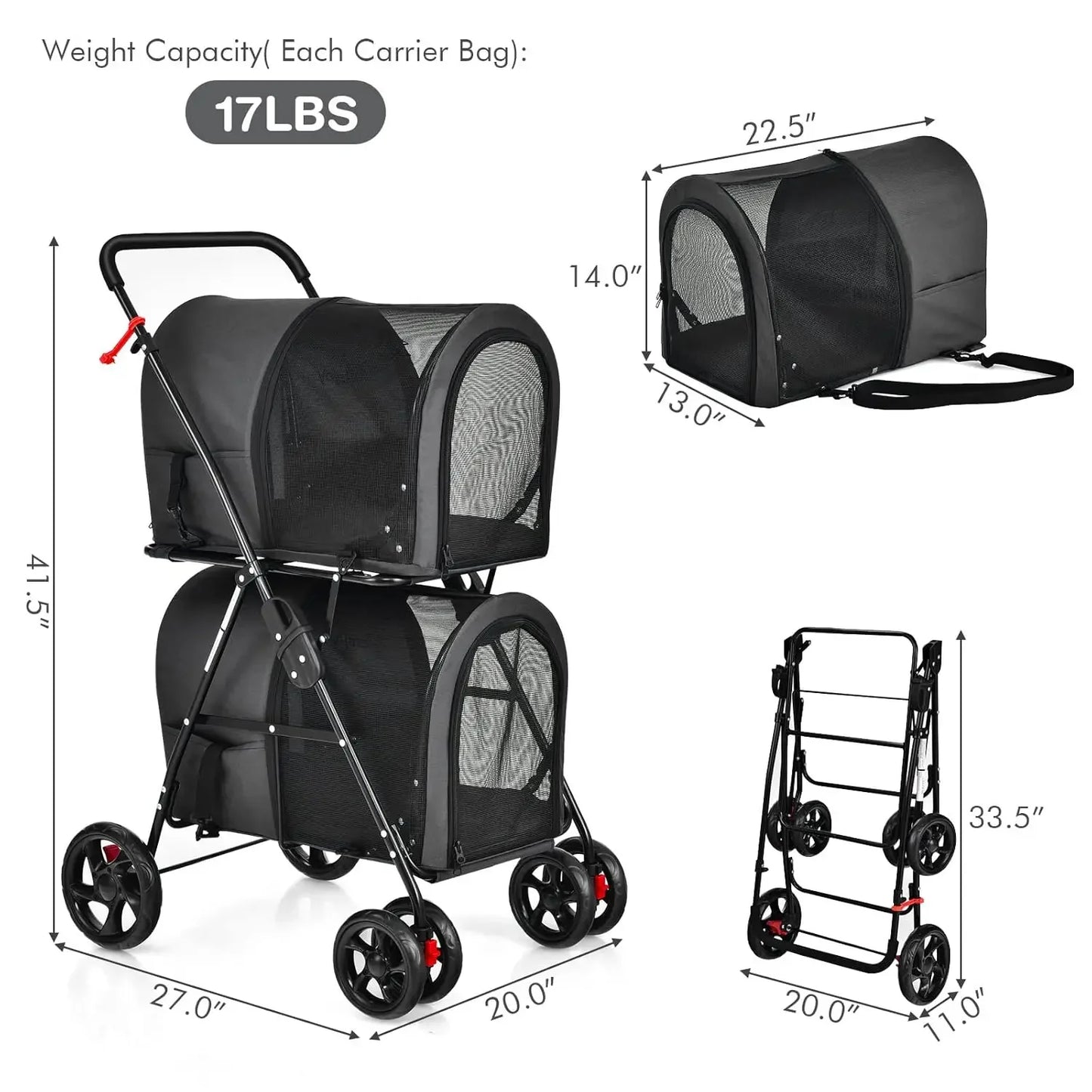 Double Pet Stroller with 2 Detachable Carrier Bags, Safety Belt, 4 Lockable Wheels Cat Stroller Travel Carrier Strolling Cart