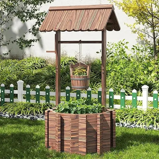 oneinmil Outdoor Wooden Wishing Well Planter with Hanging Bucket for Flower and Plants, Home Decor for Patio,Garden, Yard,25.6"