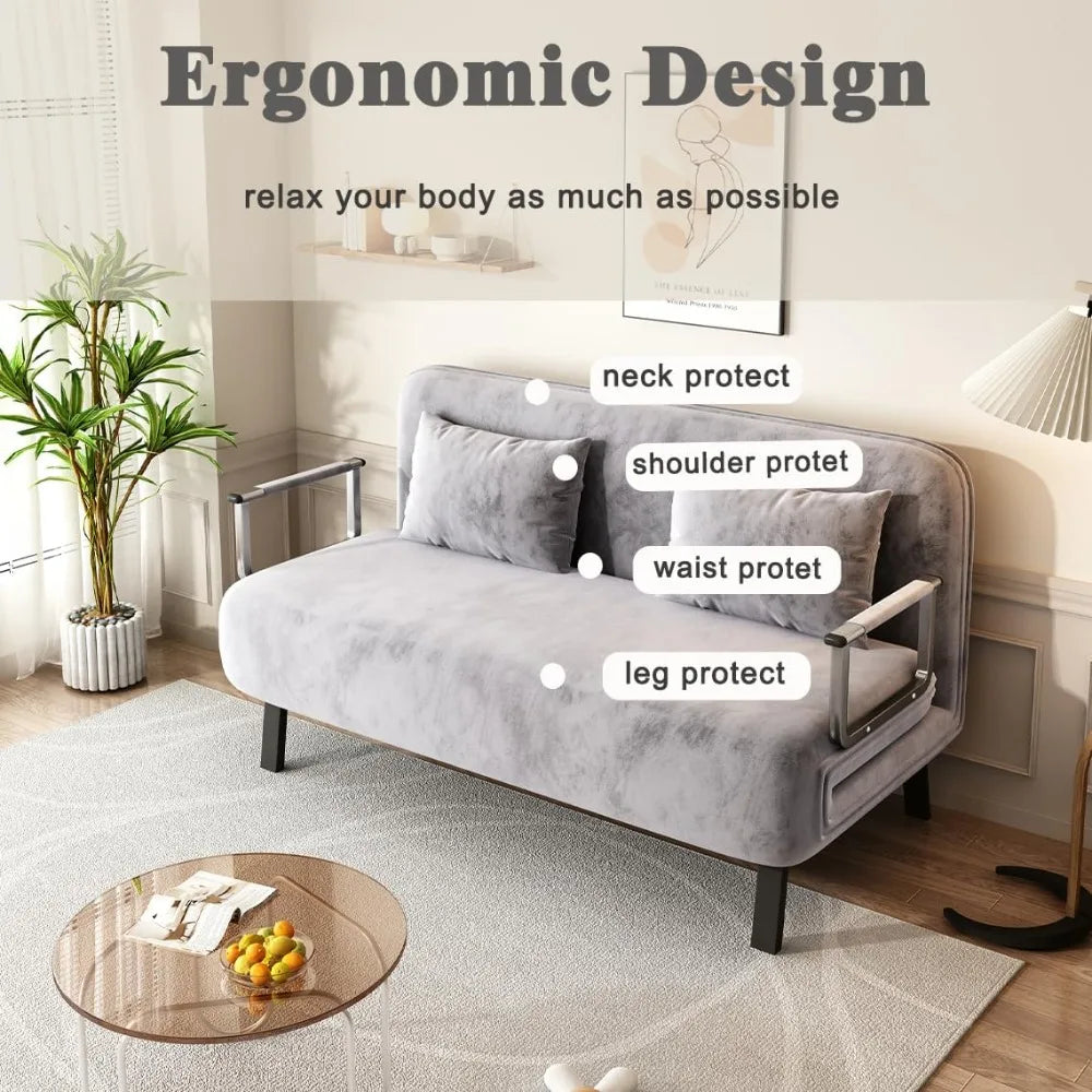 Convertible Queen Sleeper Sofa, 55" Tri-Folding with 6 Adjustable Backrests, Comfy Velvet Loveseat, Modern Futon for Bedroom & L