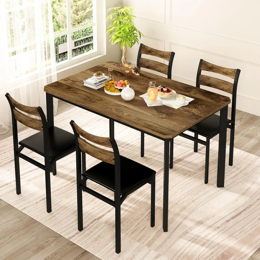 Hot Sale - Dining Table Set for 4, 43.3" Dining Room with 4 Upholstered PU Leather Chairs, Modern Wood Table and Chairs Set-New