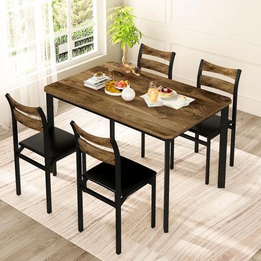 Hot Sale - Dining Table Set for 4, 43.3" Dining Room with 4 Upholstered PU Leather Chairs, Modern Wood Table and Chairs Set-New