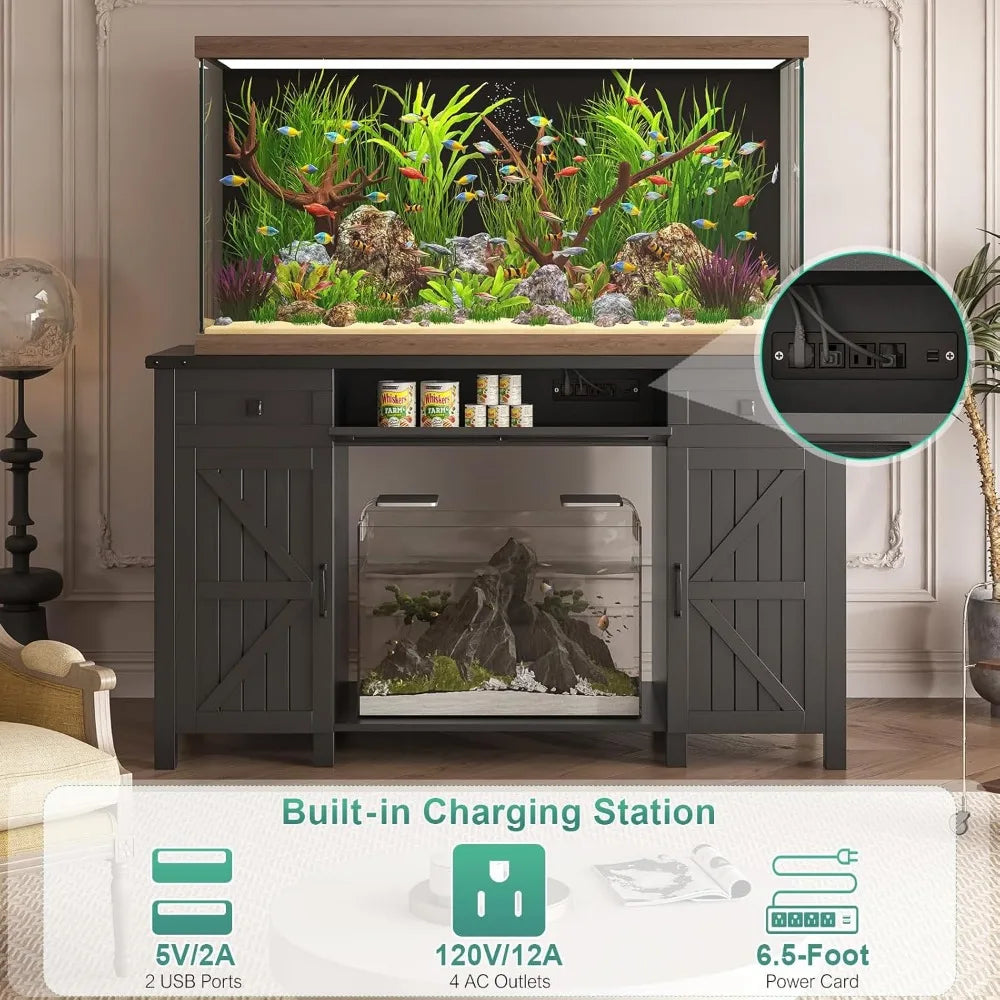 Farmhouse Style Aquarium Stand Durable EngineeredWood Drawer With Charging Station