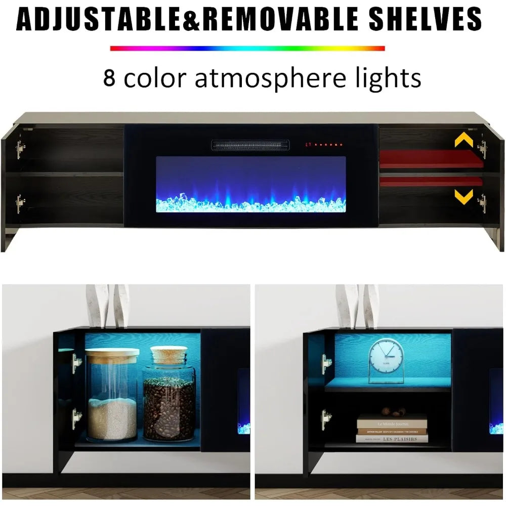 Floating TV Stand with 36" Electric Fireplace, High Gloss Finish Wall Mounted Fireplace Entertainment Center with Storage for T