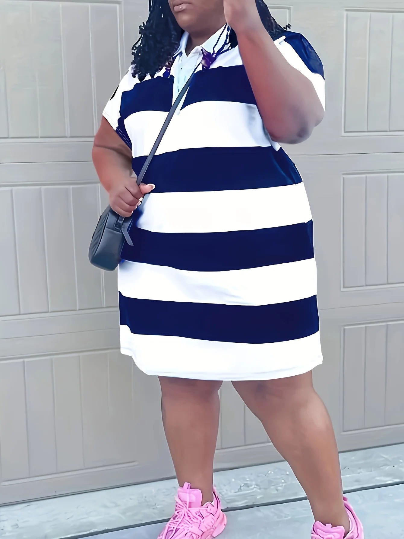 Fashionable Large Size Striped Print Lapel Short Sleeve Dress