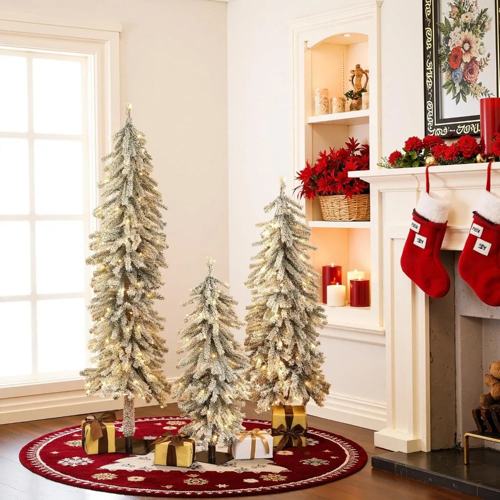 LuxenHome Flocked Christmas Tree Set Prelit Fir With Lights