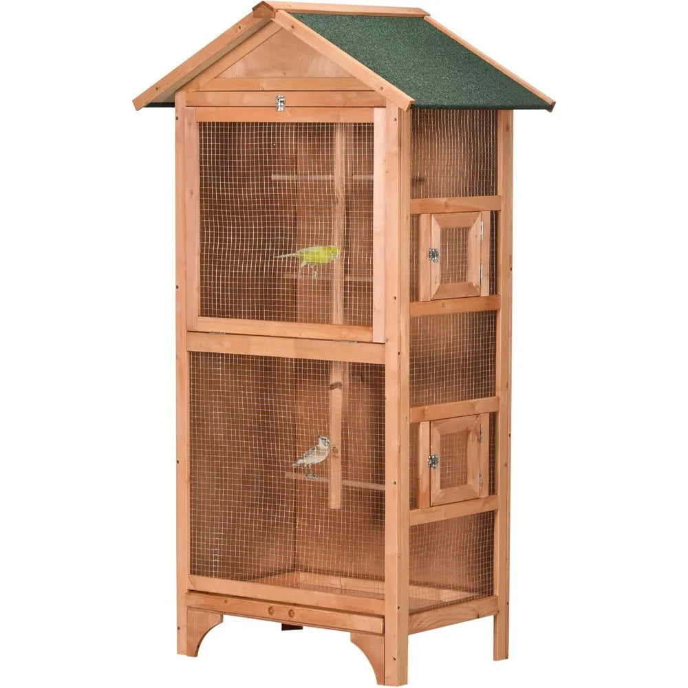 Wooden Outdoor Bird Cage For Finches And Parakeets With Removable Bottom Tray And Four Perches