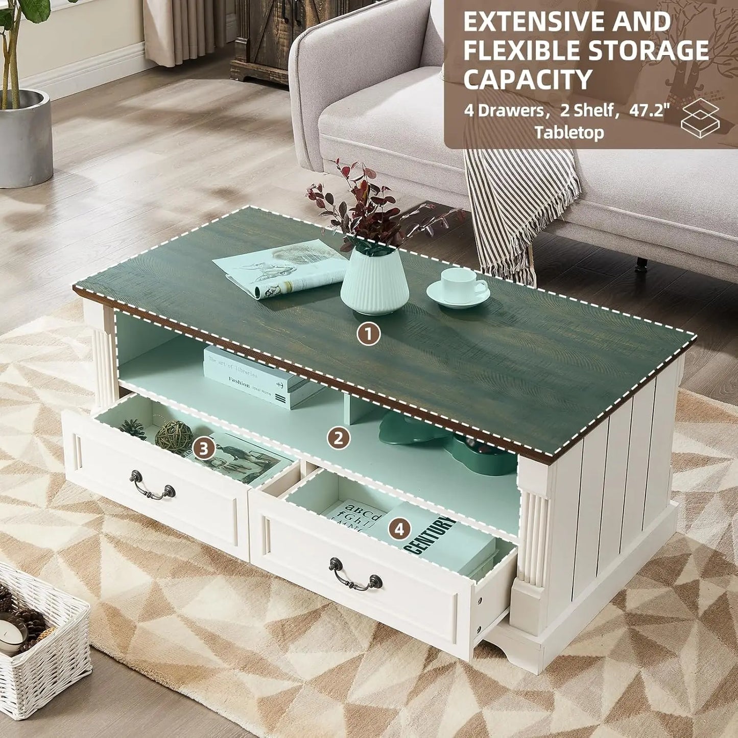 48'' Wood Coffee Table for Living Room, Farmhouse Coffee Table with Storage, Rustic Center Table for Living Room with 4 Drawers