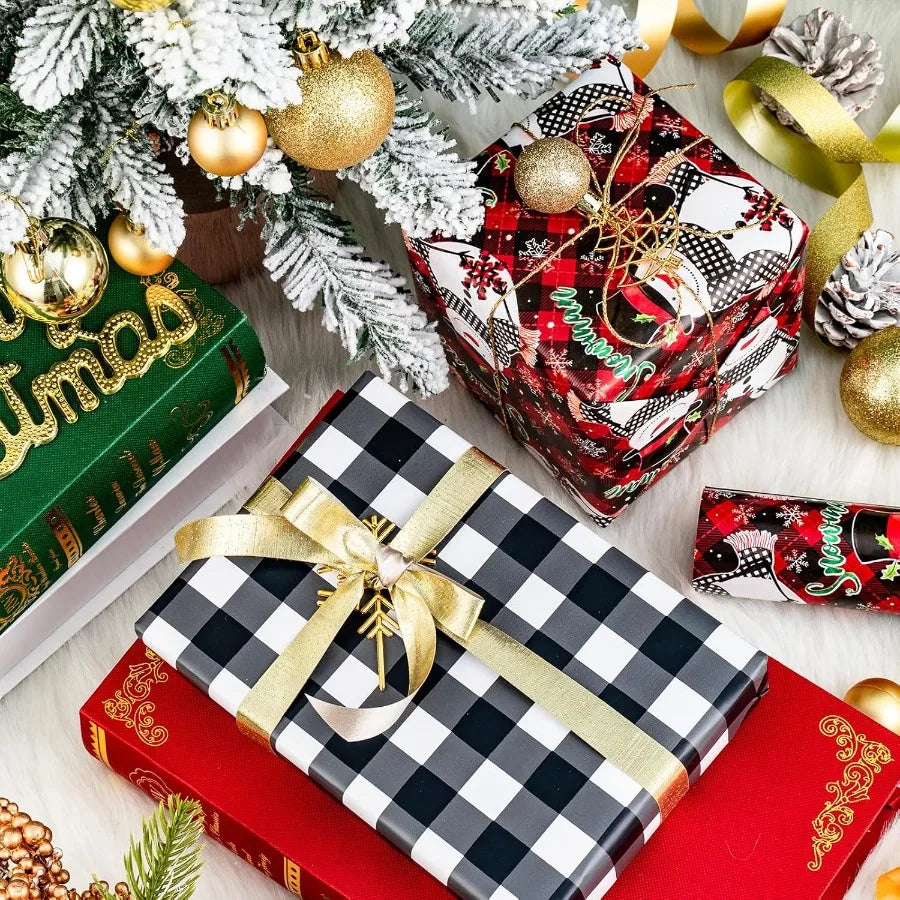 Christmas Wrapping Paper Roll Snowman Plaid Reversible Gift Wrap
