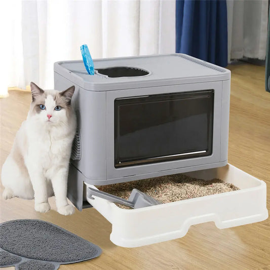 Foldable Cat Litter Box with Massager Litter Scoop