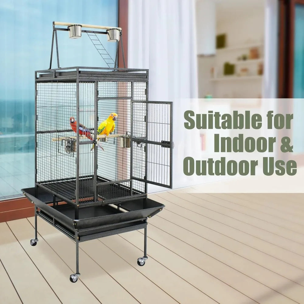 IndustrialGrade WroughtIron Parrot Cage With Rolling Stand Playtop Premium Durable