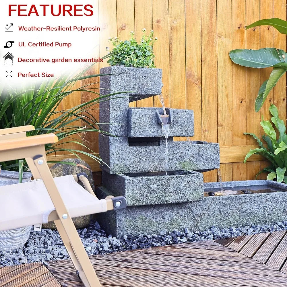 Tankana Tiered Water Fountain Garden Outdoor Indoor Cascade ContemporaryConcrete Artistry