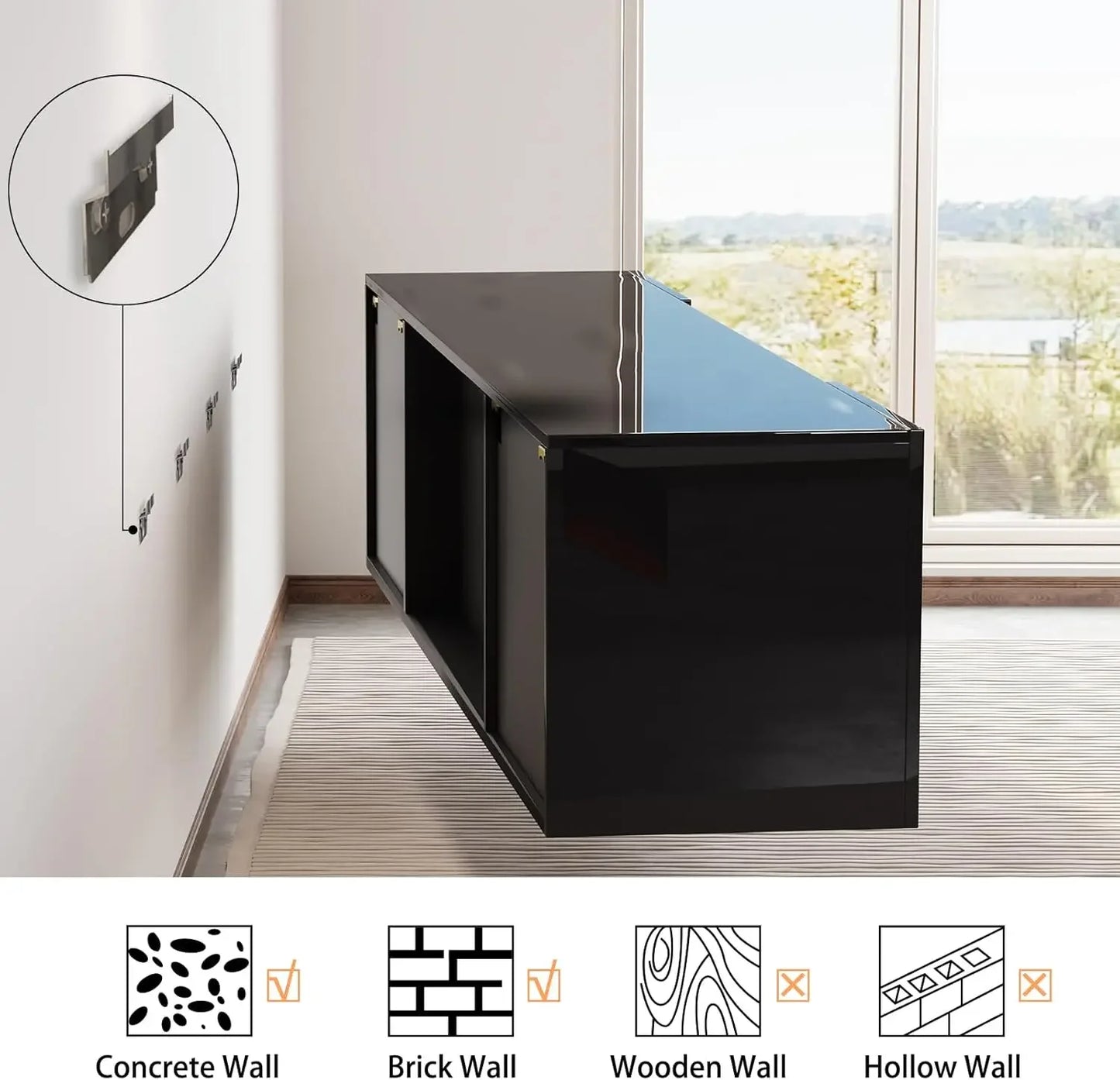 Floating Fireplace TV Stand, Wall Mounted Mirrored Entertainment Center, Modern LED Lights Media Console for TVs Up to 90",Black