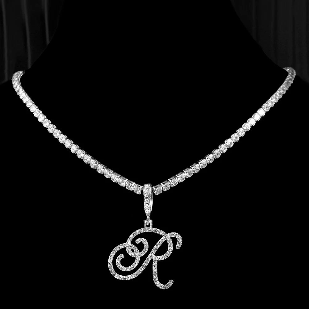 Caraquet Cursive Alphabet Name Necklace CZ Chain Pendant
