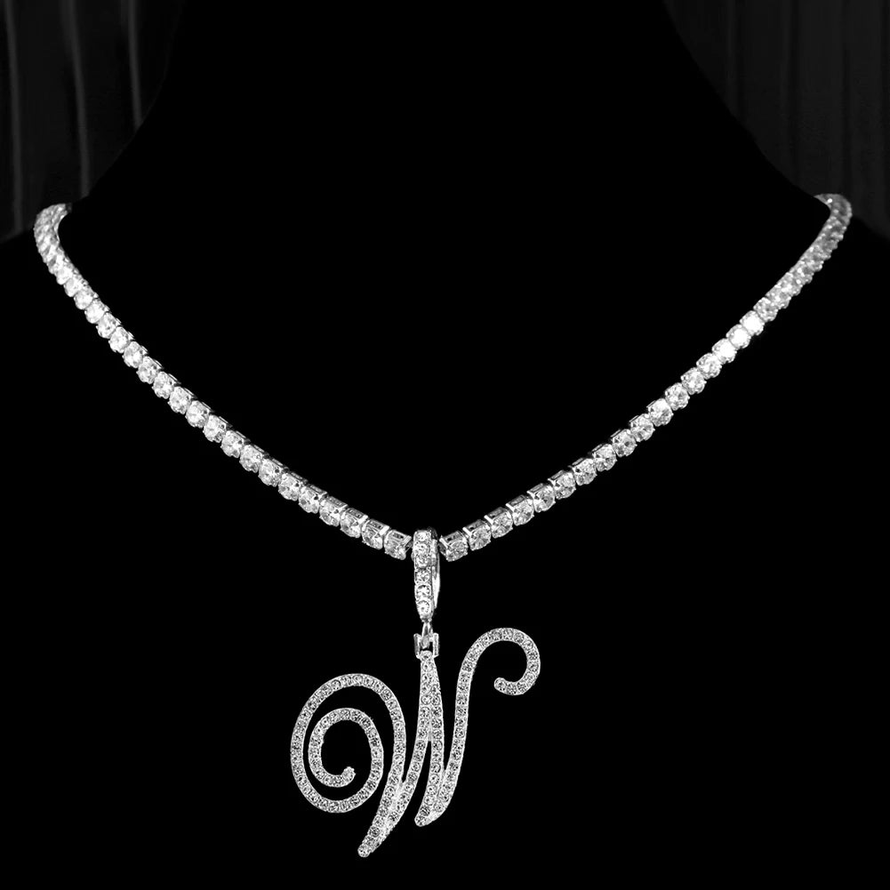 Caraquet Cursive Alphabet Name Necklace CZ Chain Pendant