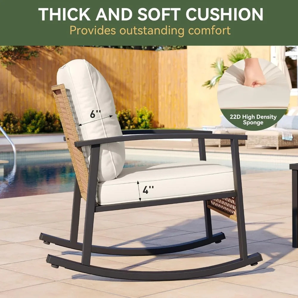 3-Piece Outdoor Rocking Bistro Set, Patio Furniture Set with Coffee Table and Thick Cushions, Wicker Rocking Chairs Set of 2 fo