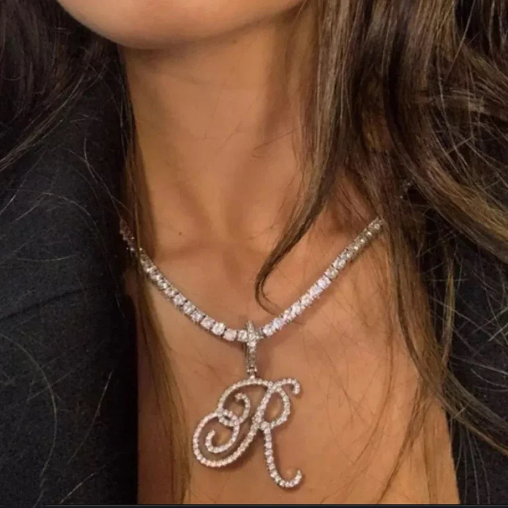 Caraquet Cursive Alphabet Name Necklace CZ Chain Pendant