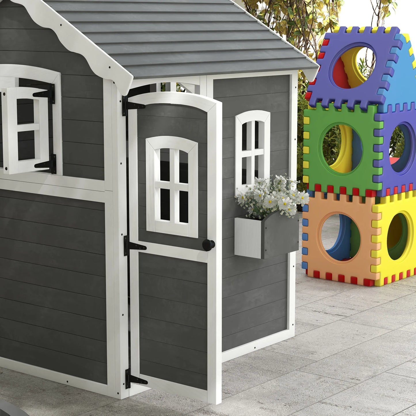 Outsunny Wooden Playhouse for Kids with Floor Door Windows and Planter Box