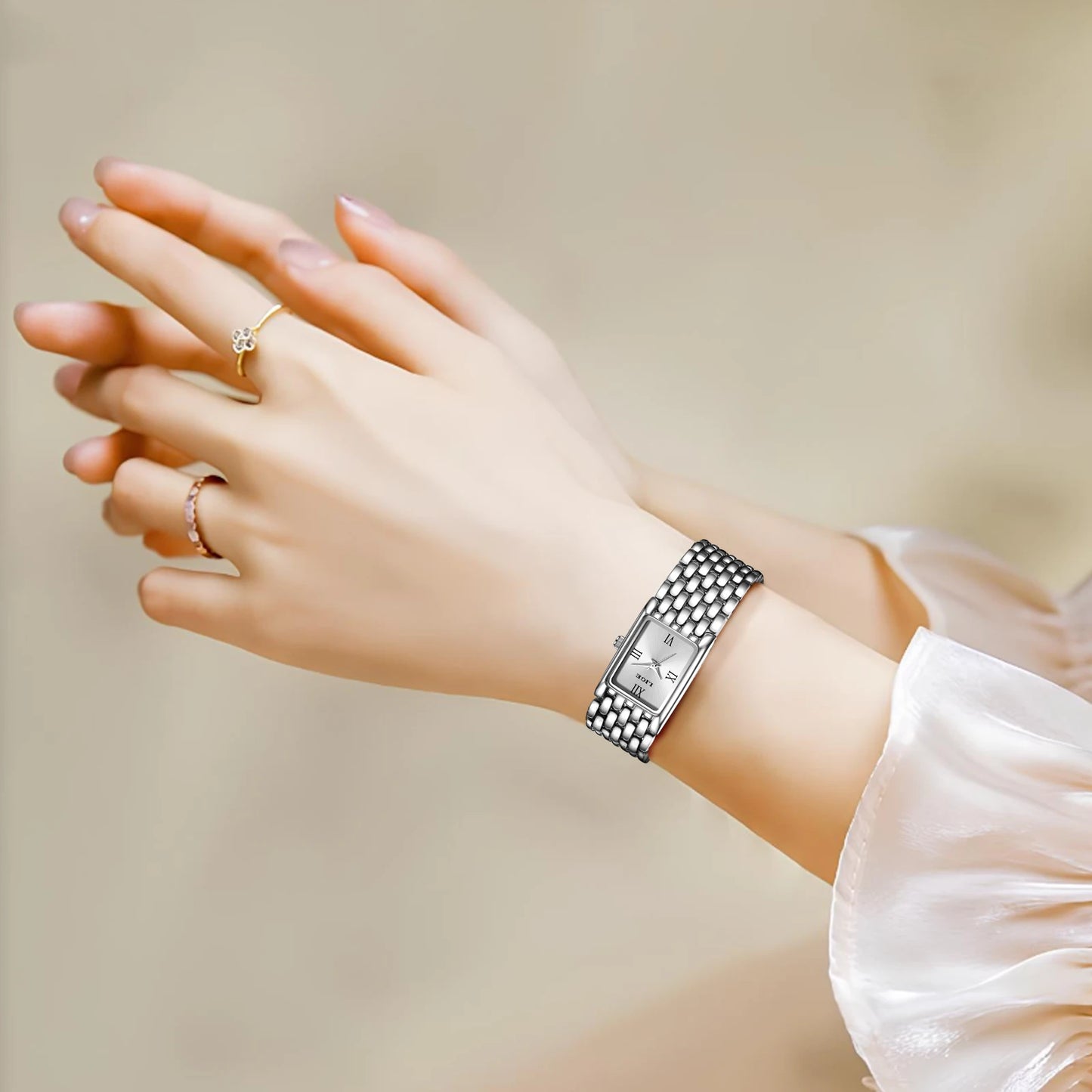 LIGE Retro Rectangle Womens Stainless Steel Quartz Watch