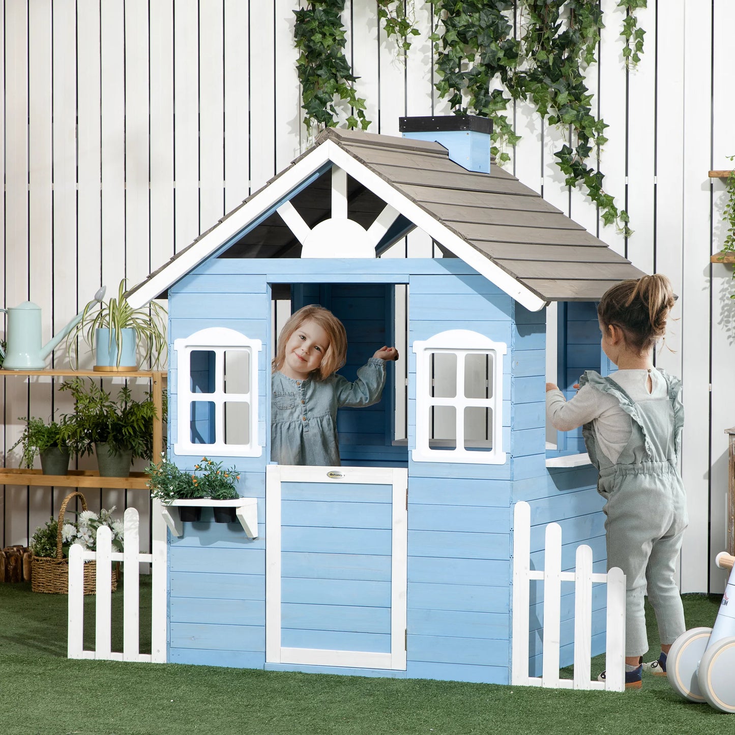 Outsunny Wooden Outdoor Playhouse for Kids with Flower Pot Holders and Windows