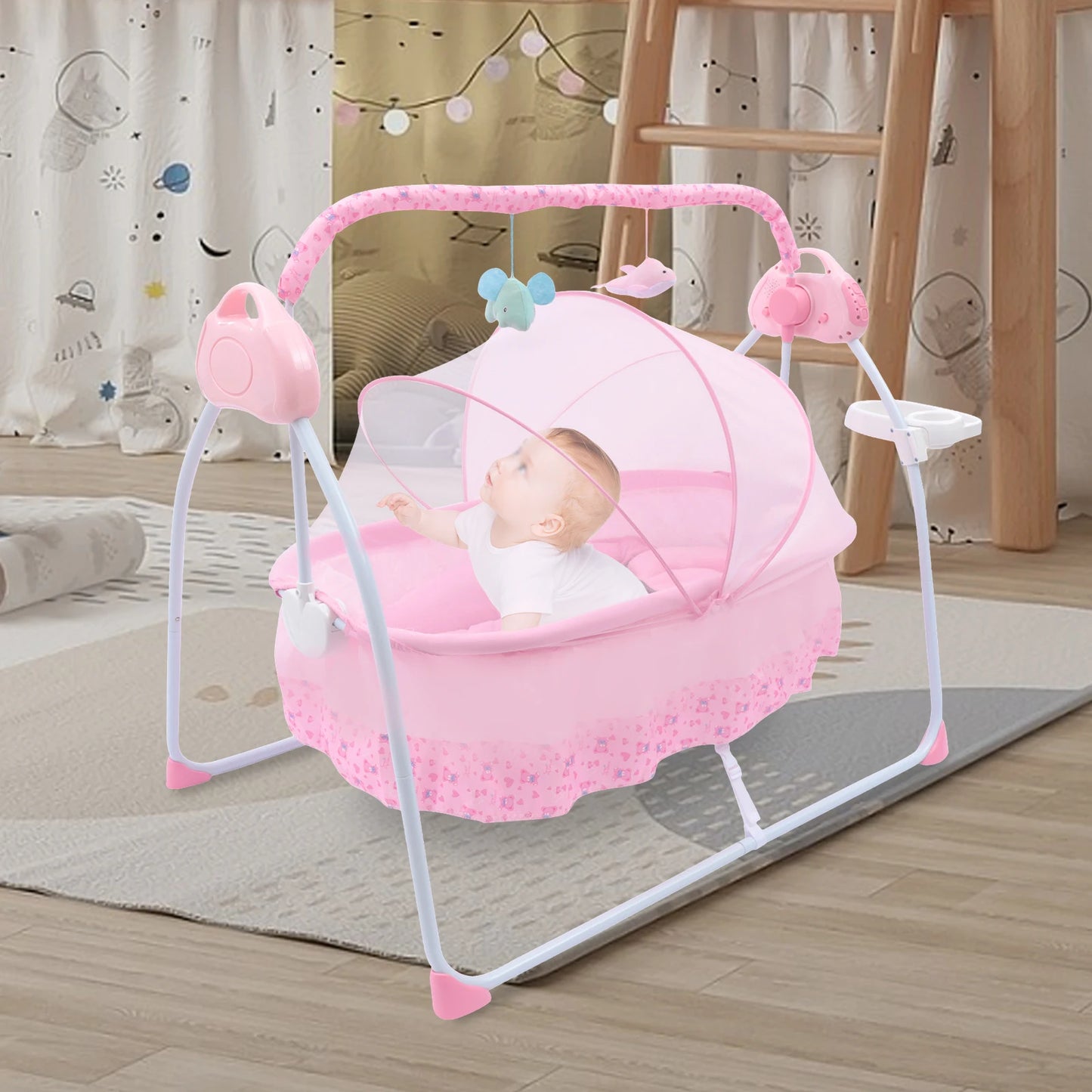 Baby Cradle Swing Remote Auto Swing Bed Cradle Portable Swing Stand Seat For 0-18 Months Baby 5 Gears Adjustable Pink No Battery